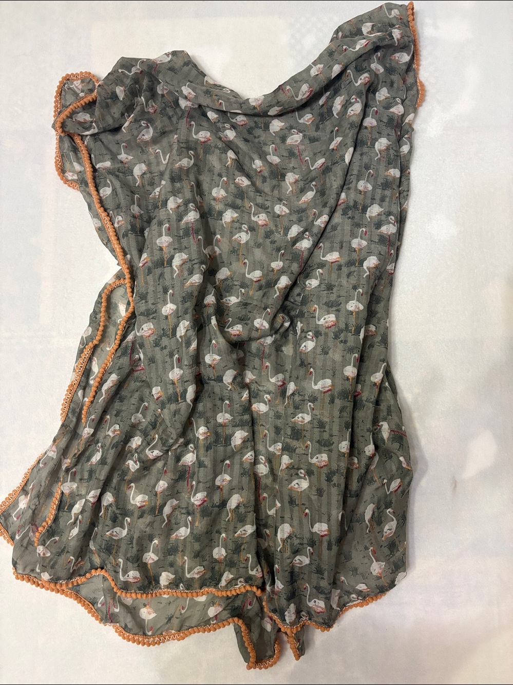 Twiggy London Gray Sheer Flamingo Scarf Wrap with Orange Pom Pom Trim EUC